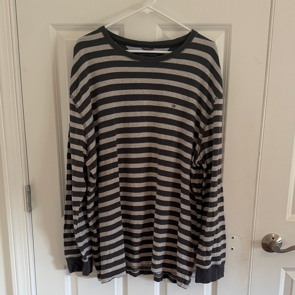 Y2K Tommy Hilfiger Charcoal and Light Gray Striped Long Sleeve Shirt XXL Tall